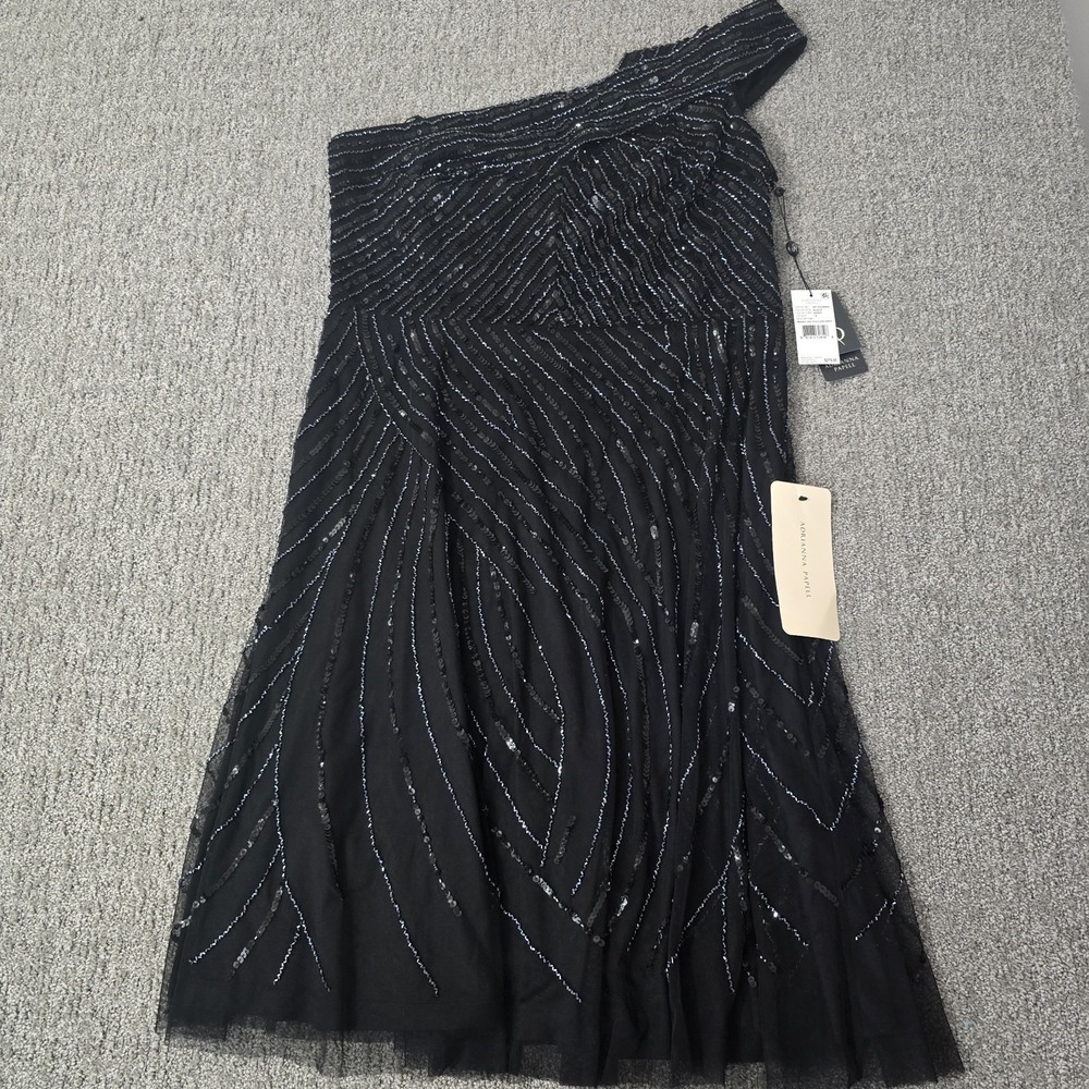 Adrianna Papell Beaded One Shoulder Dress Size 16 NWT Black Formal‎ Evening